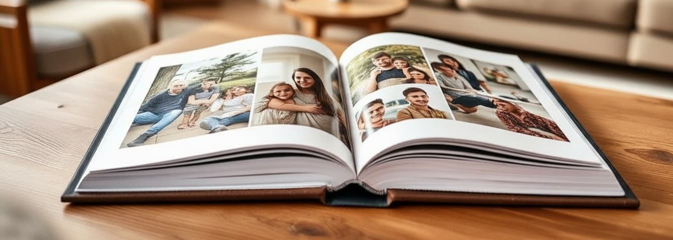An open premium hardcover photo book on a wooden table