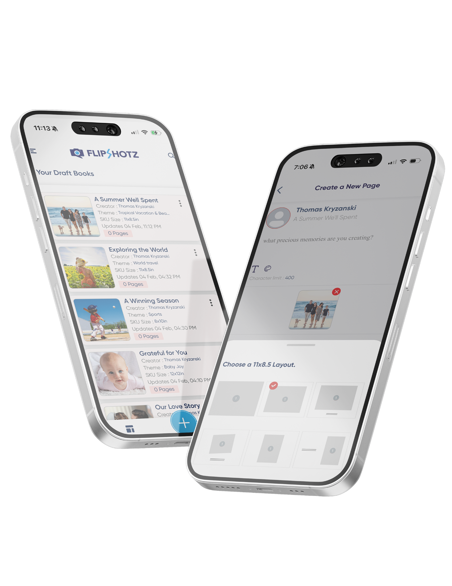 FlipShotz app features preview showing two phone screens