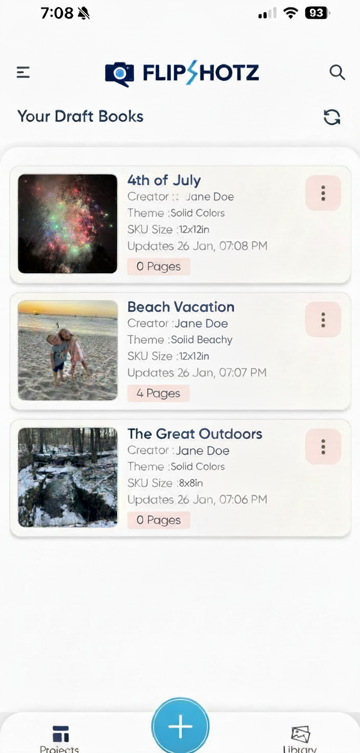 FlipShotz app showing Your Draft Books screen